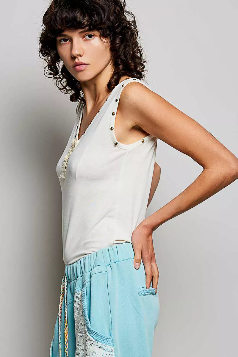 Hazel Blues® | POL Studded Trim Button-Front Ruffle Detail Tank