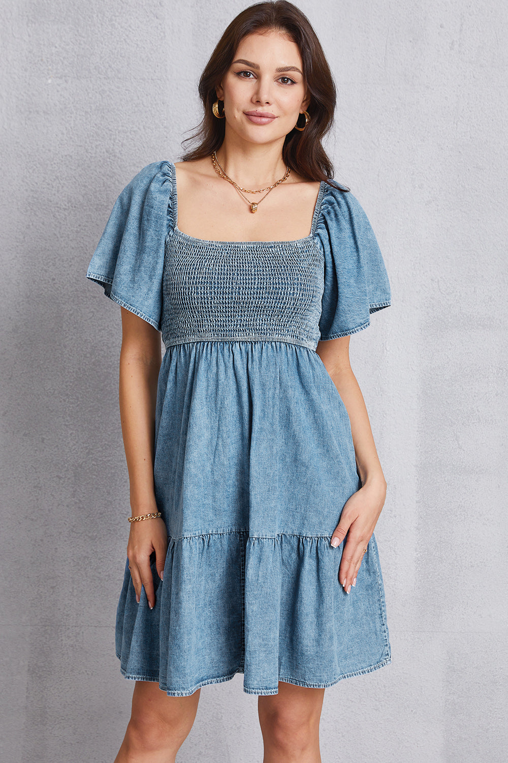 Hazel Blues® | Smocked Square Neck Mini Denim Dress
