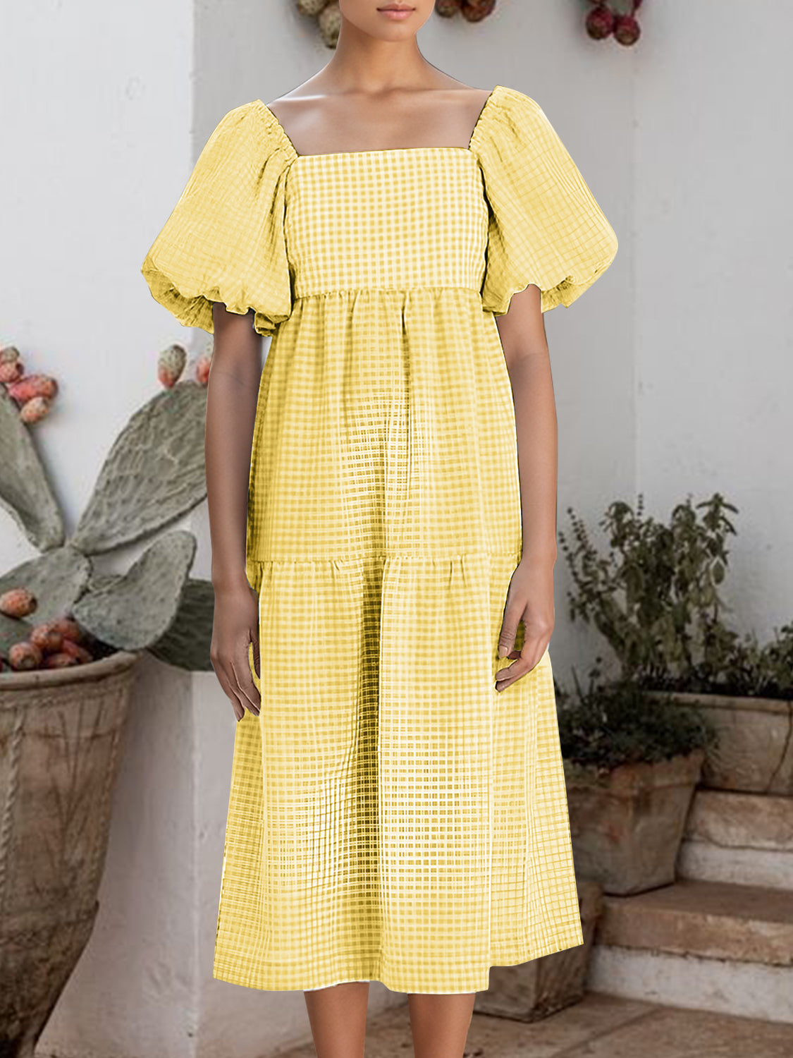 Hazel Blues® | Plaid Square Neck Short Sleeve Dress
