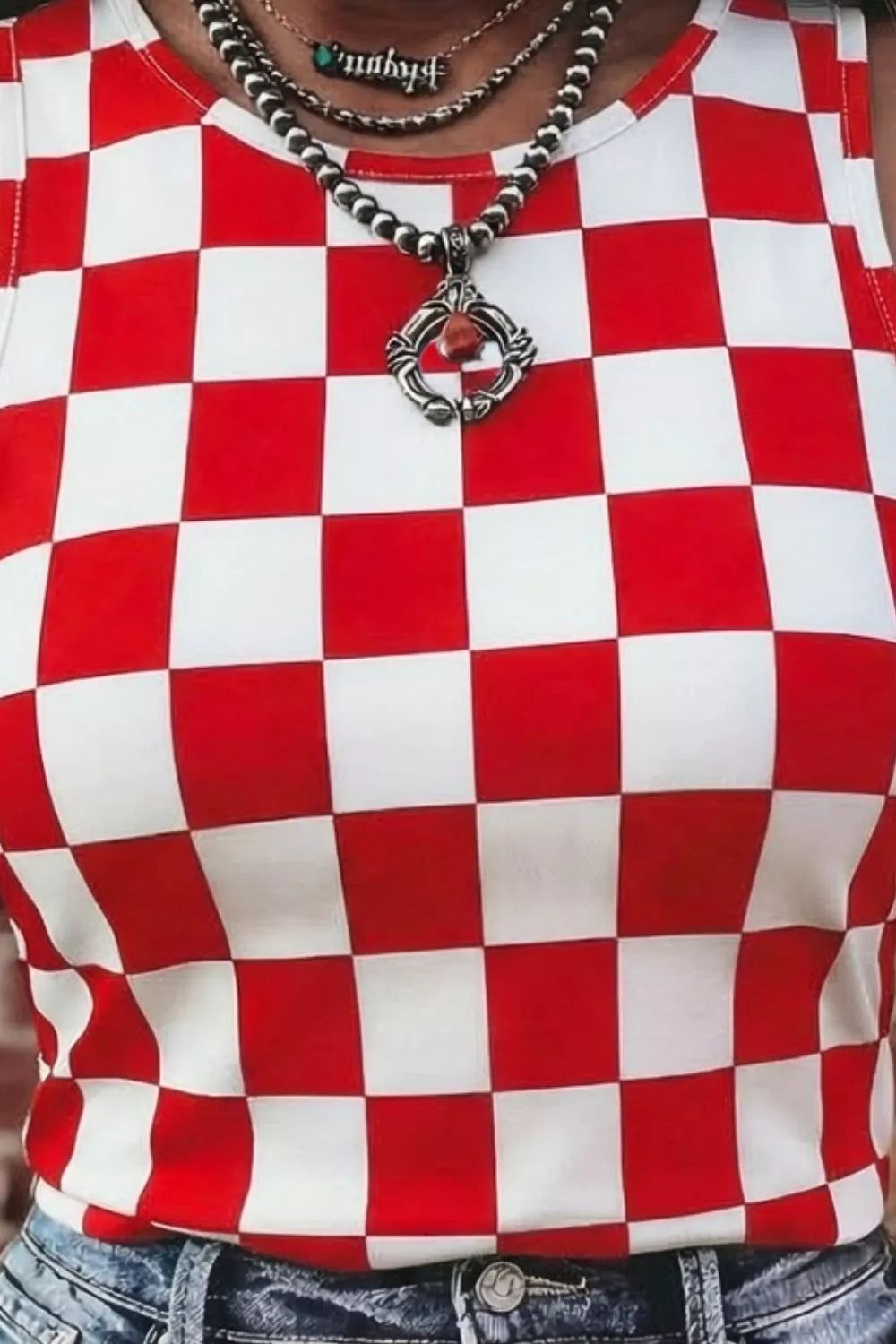 Hazel Blues® | Checkered Print Round Neck Tank
