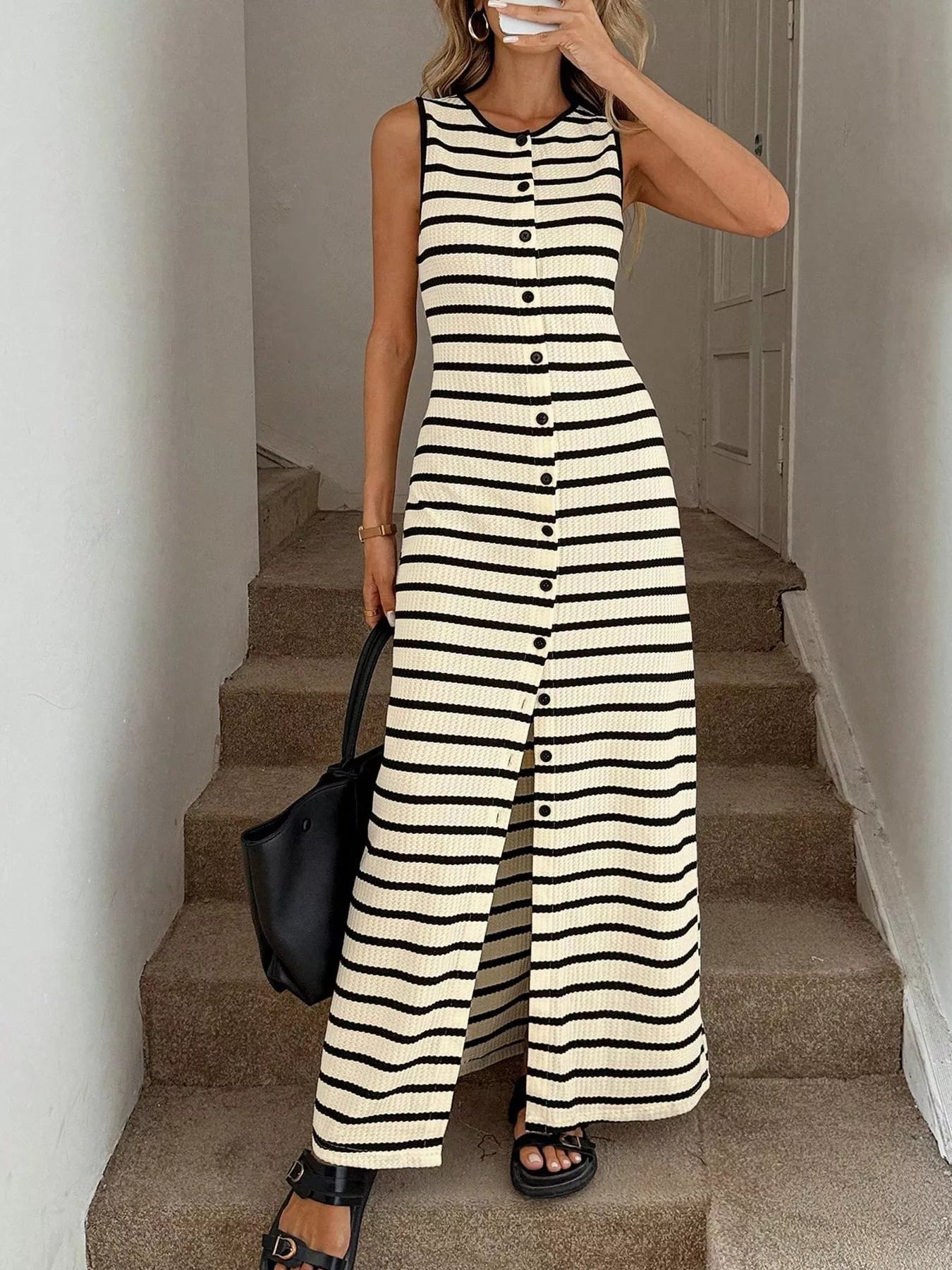 Hazel Blues® | Striped Button-Front Sleeveless Slit Maxi Dress