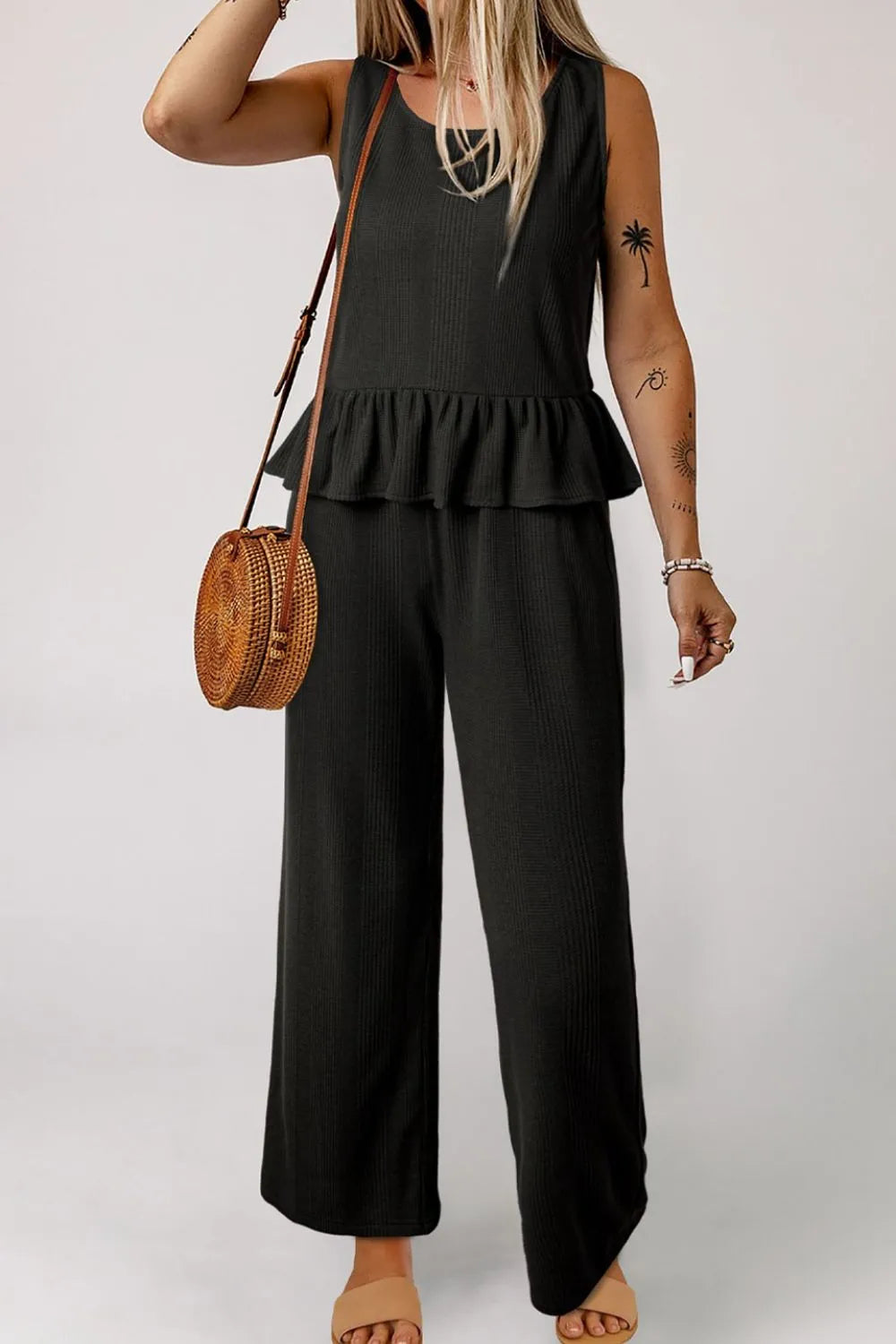Hazel Blues® | Color Ribbed Ruffle Tank Top and Pants Set