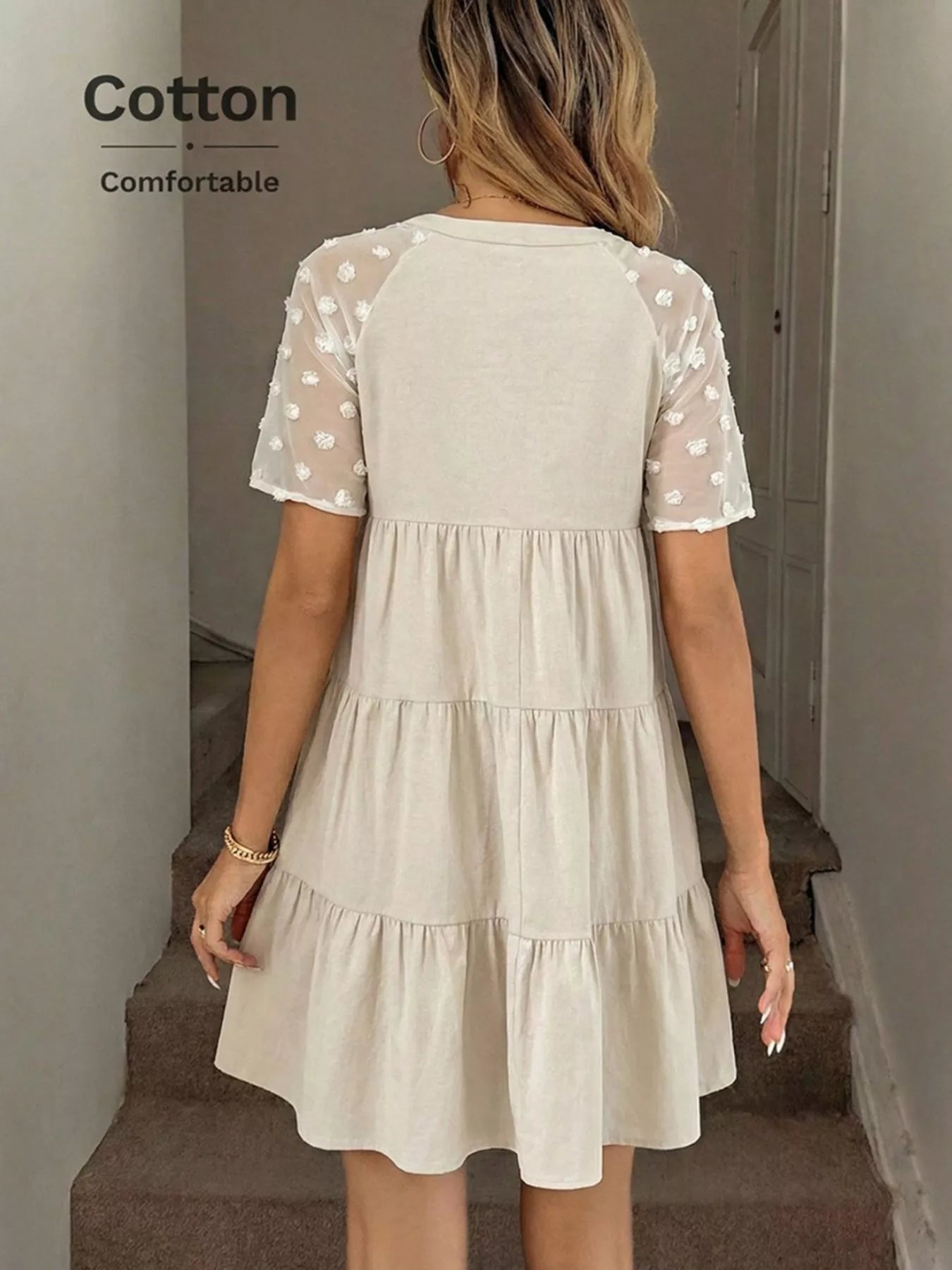 Hazel Blues® | Casual Tiered Mini Dress with Swiss Dot Sleeves