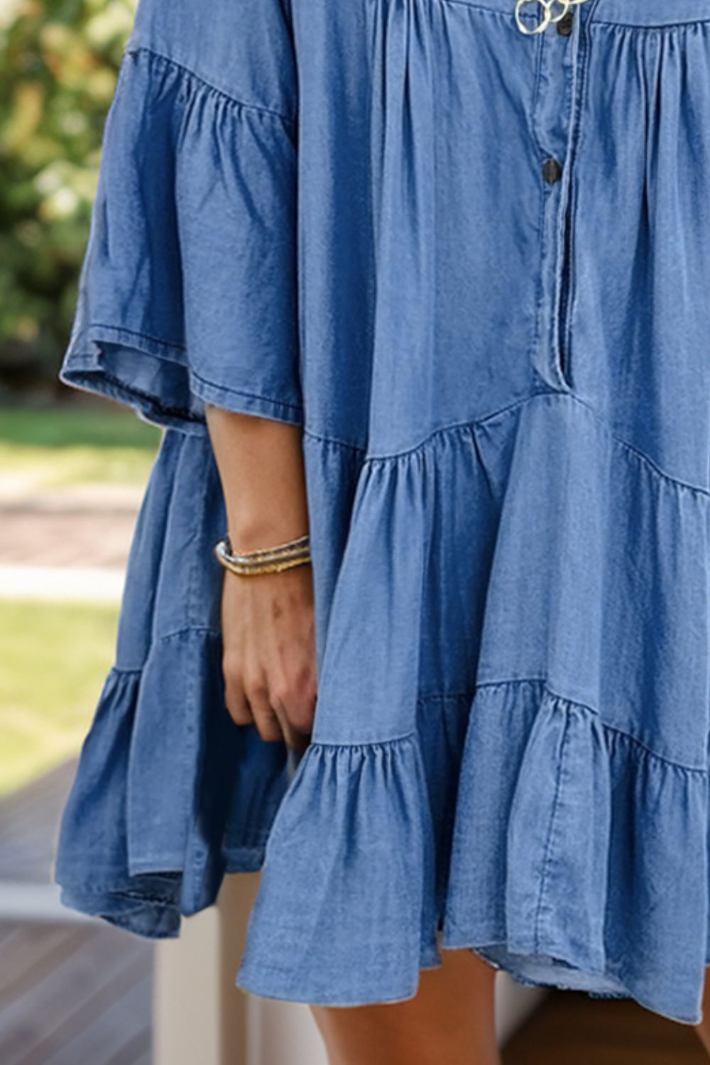 Hazel Blues® | Notched Flare Sleeve Denim Dress