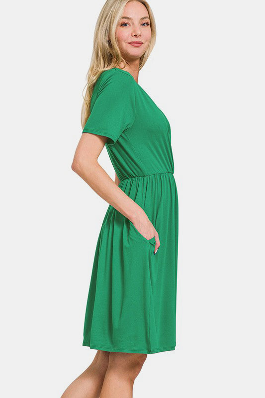 Hazel Blues® | Zenana Surplice Short Sleeve Brushed DTY Dress