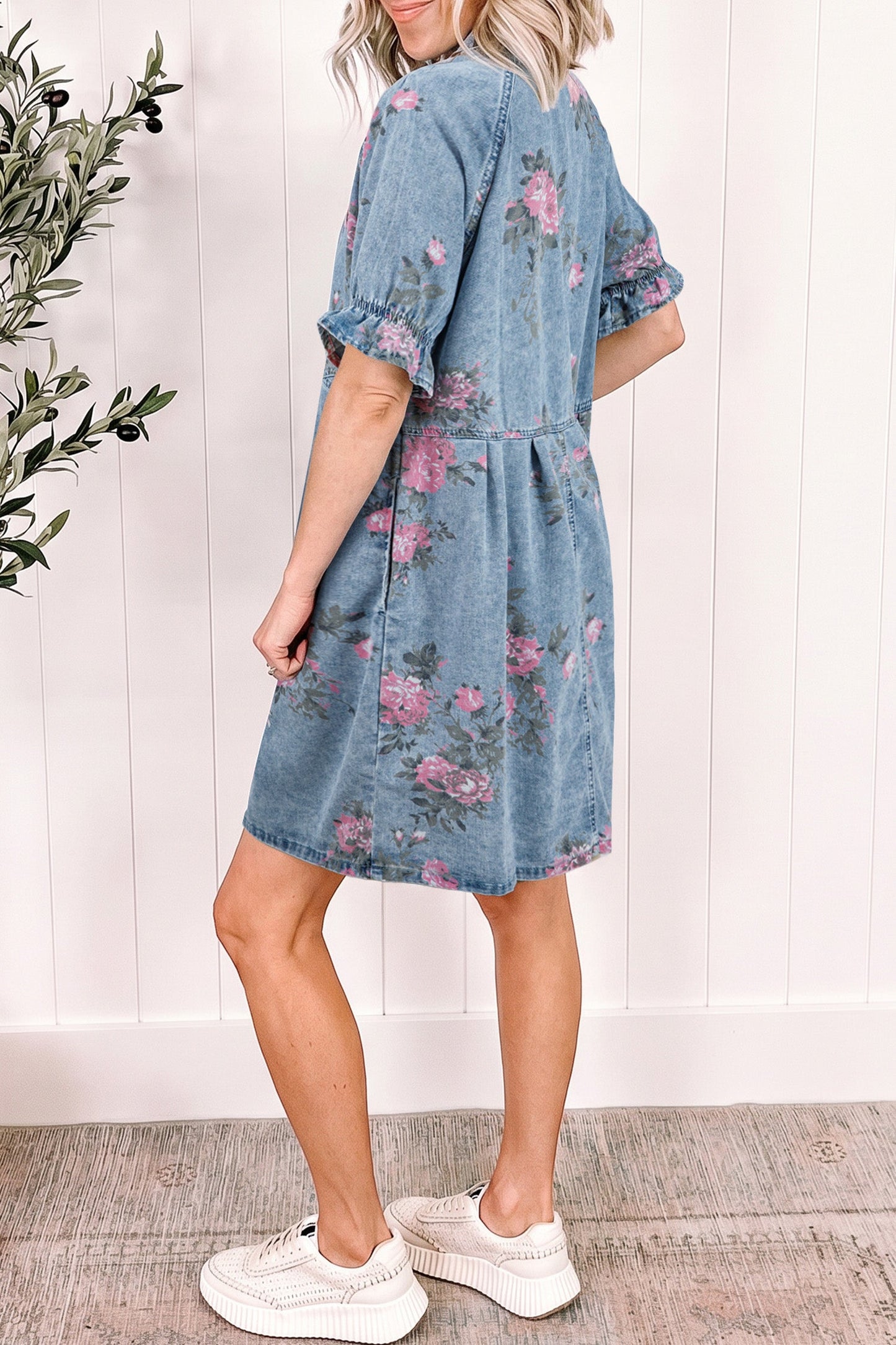 Hazel Blues® | Sky Blue Floral Print Denim Short Sleeve Button Down Dress