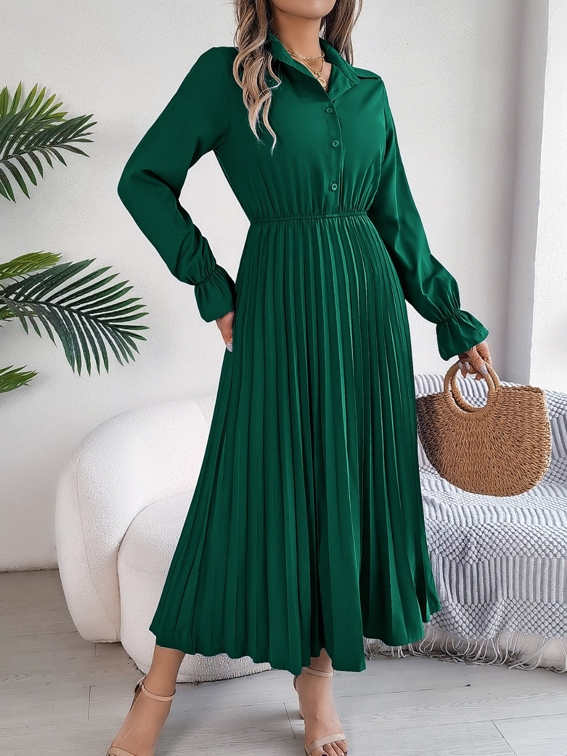 Hazel Blues® | Pleated Half Button Long Sleeve Midi Dress