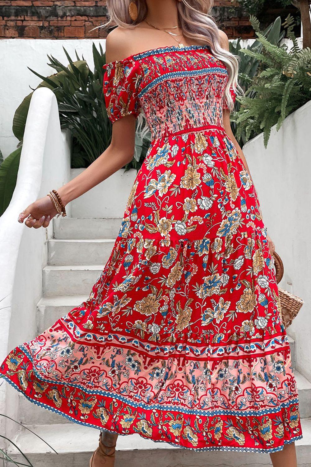Hazel Blues® | Floral Off-Shoulder Smocked Midi Dress