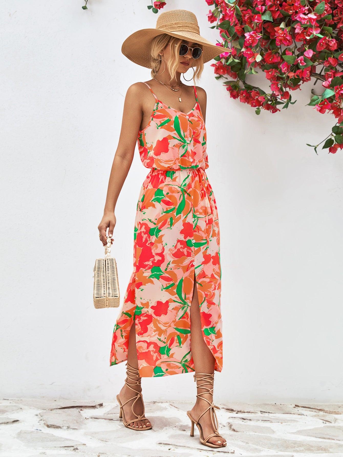 Hazel Blues® | Printed Spaghetti Strap Front Slit Dress