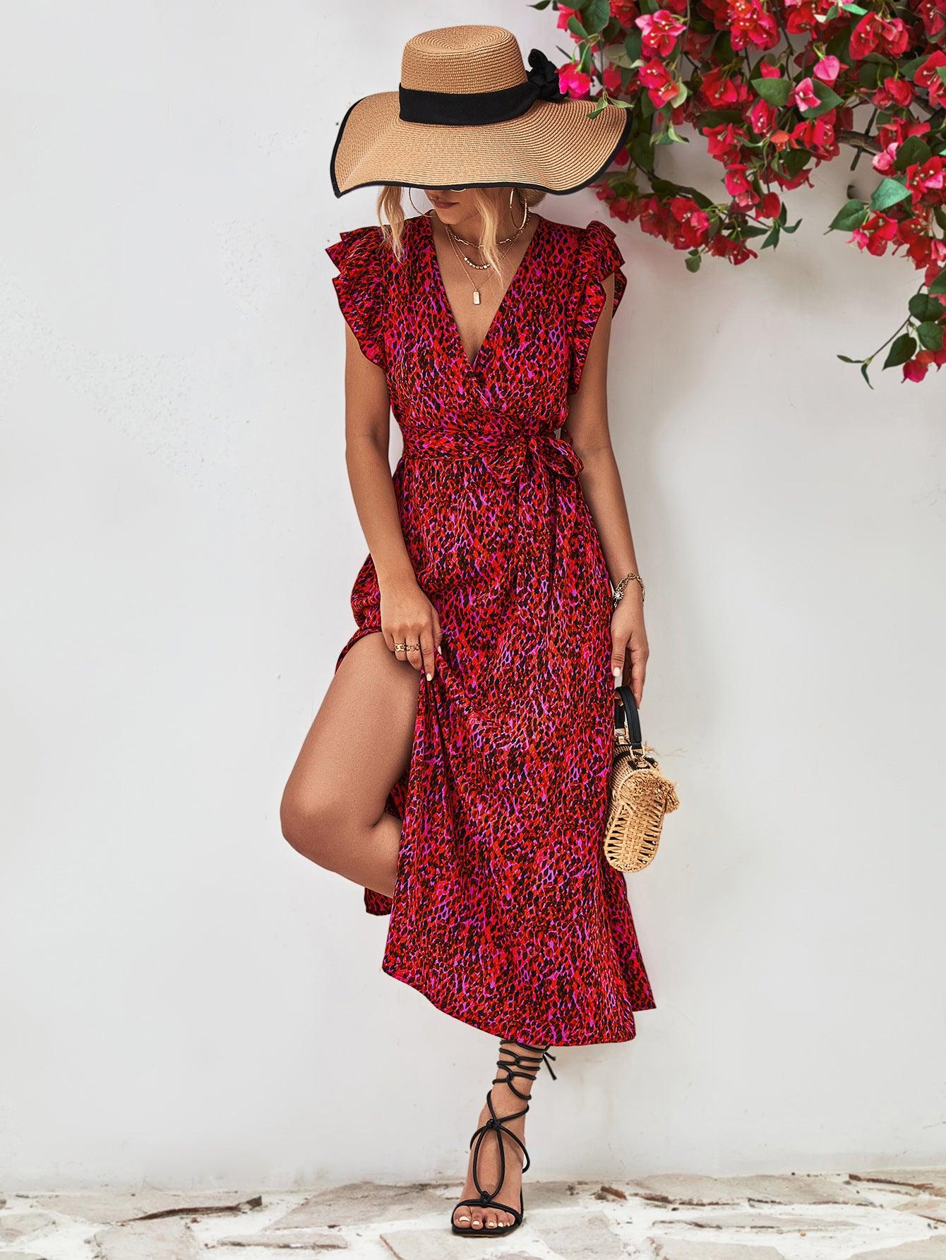 Hazel Blues® | Printed Surplice Neck Flutter Sleeve Slit Dress