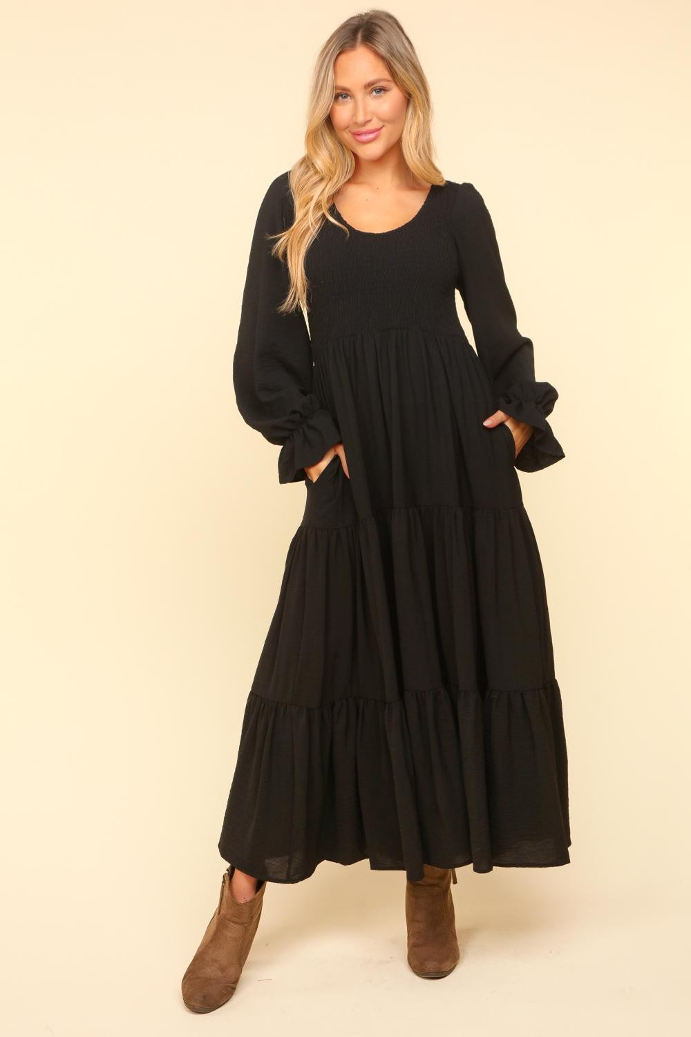 Hazel Blues® | Smocking Maxi Woven Dress with Side Pockets in Black