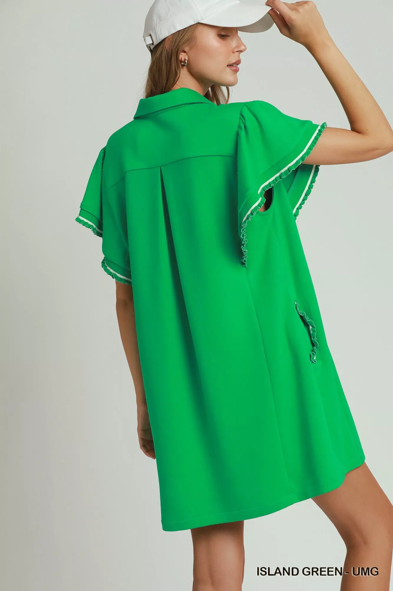 Hazel Blues® |  Umgee Half Zip Ruffle Rib Band Butterfy Sleeve Mini Dress with Pockets