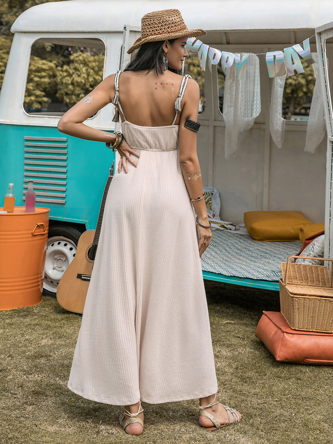 Hazel Blues® |  Waffle-Knit Tied Spaghetti Strap Dress