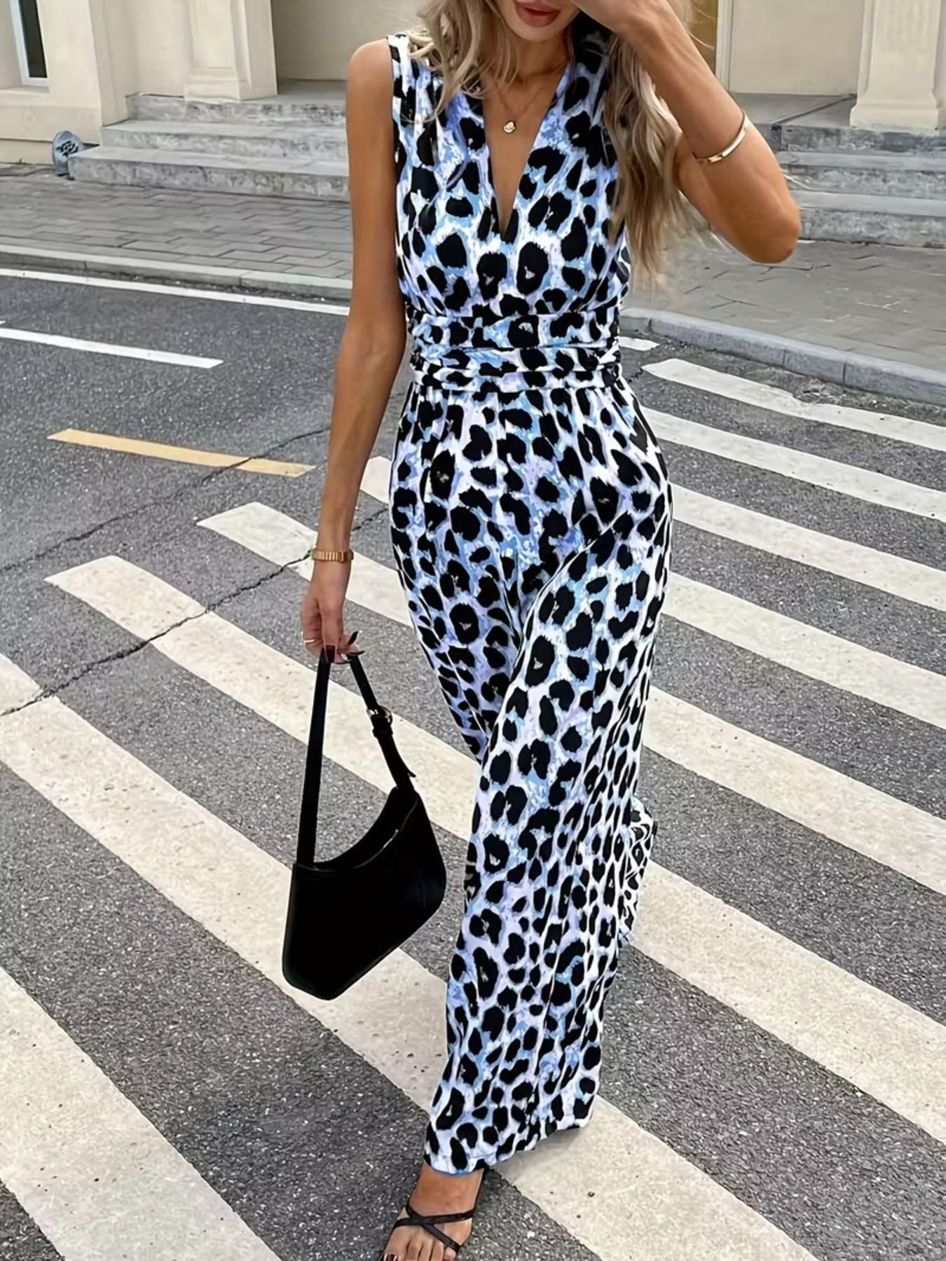 Hazel Blues® |  Sleeveless V-Neck Leopard Print Wide Leg Jumpsuit
