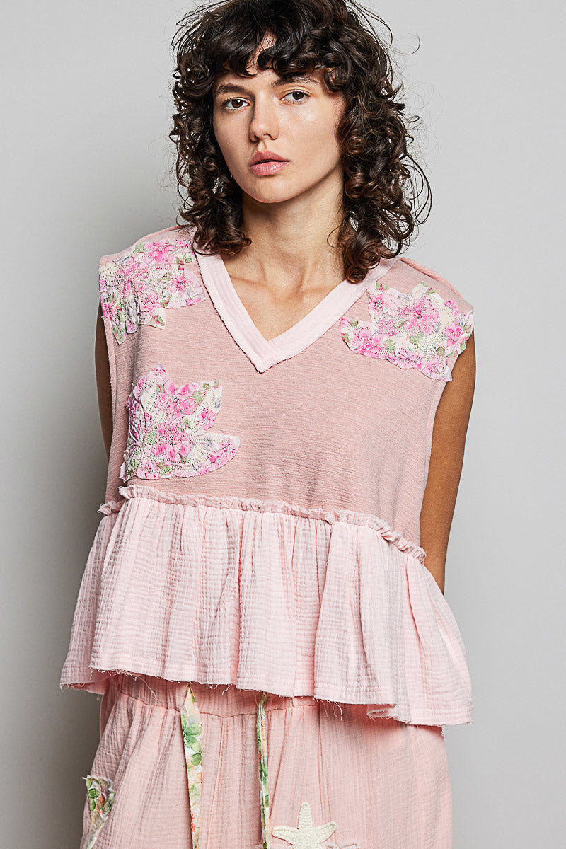 Hazel Blues® |  POL Floral Patch Ruffled Sleeveless Top with Raw Edge Detail