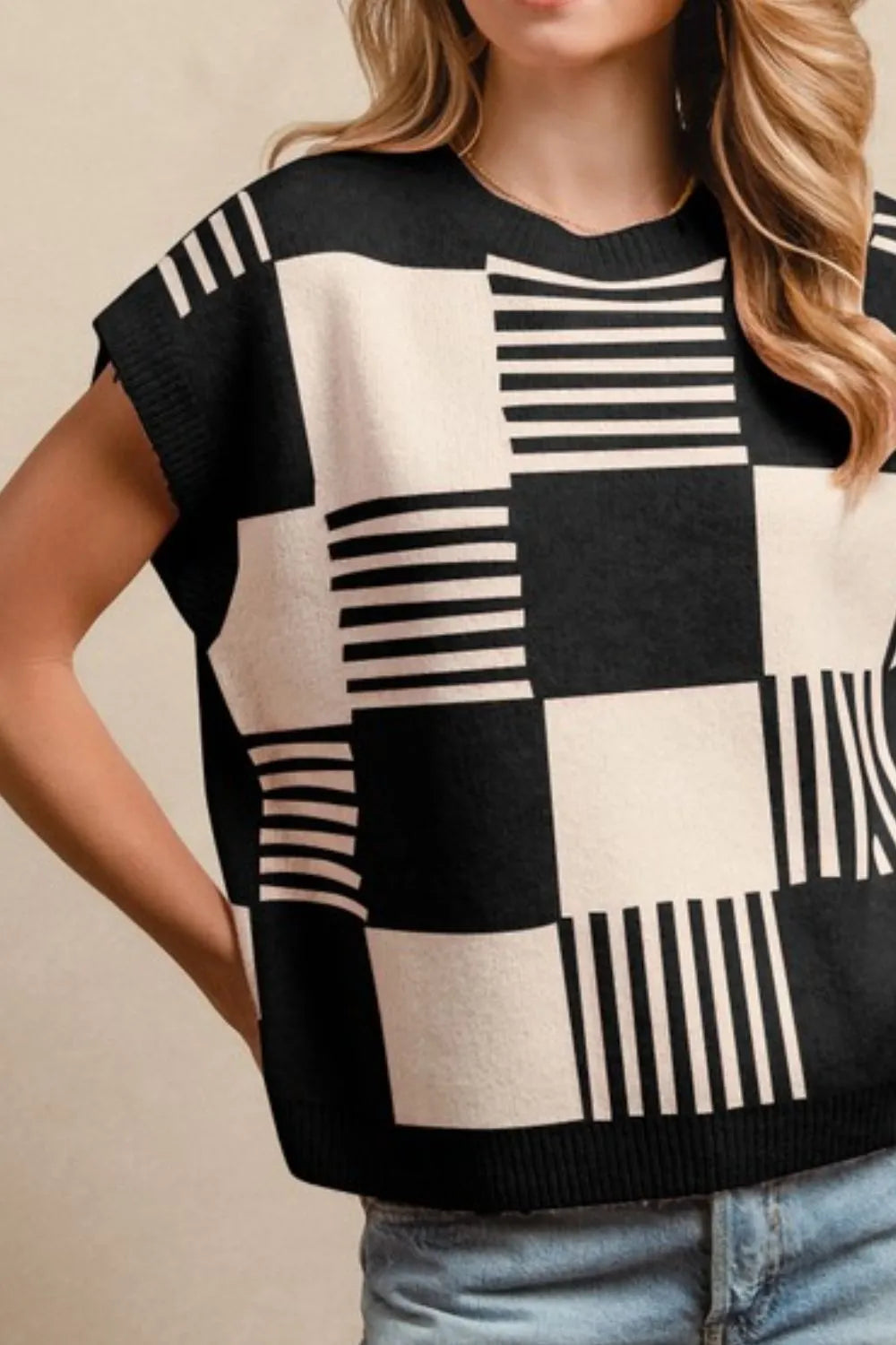 Hazel Blues® |  BiBi Checker With Stripes Pattern Sleeveless Sweater