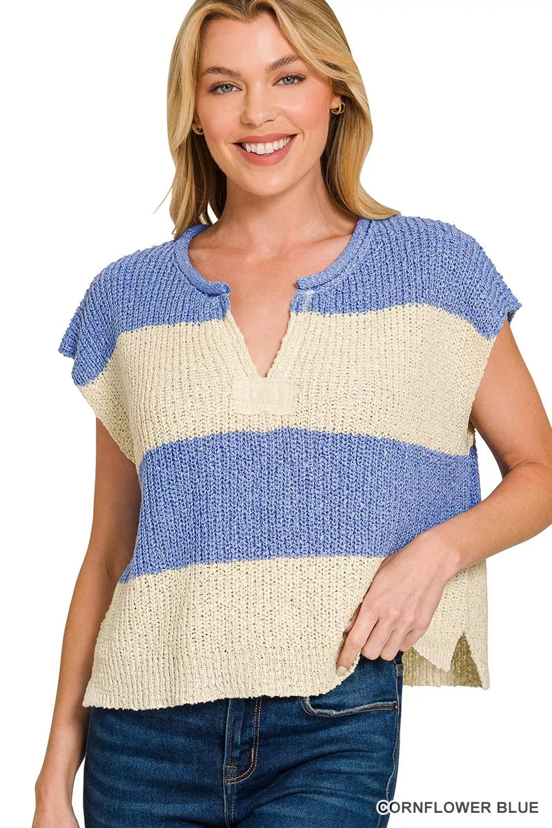 Hazel Blues® |  Zenana Split Neck Sleeveless Stripe Sweater