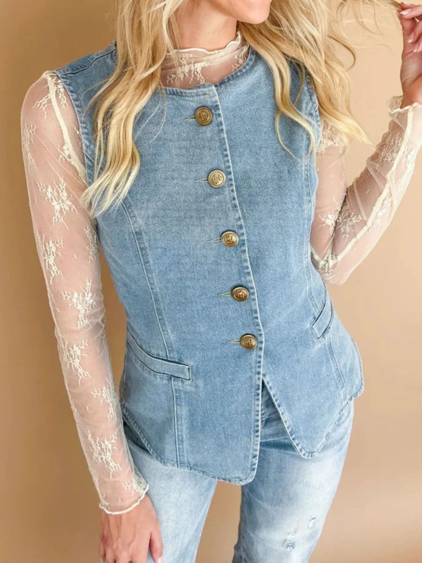 Hazel Blues® |  Sleeveless Button-Front Denim Vest
