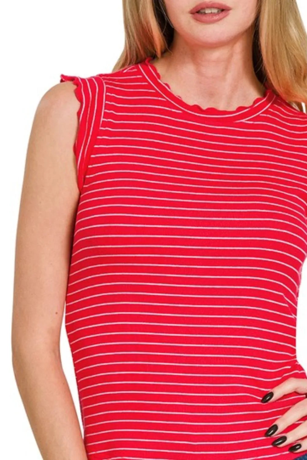 Hazel Blues® |  Zenana Ribbed Ruffle Trim Sleeveless Stripe Top