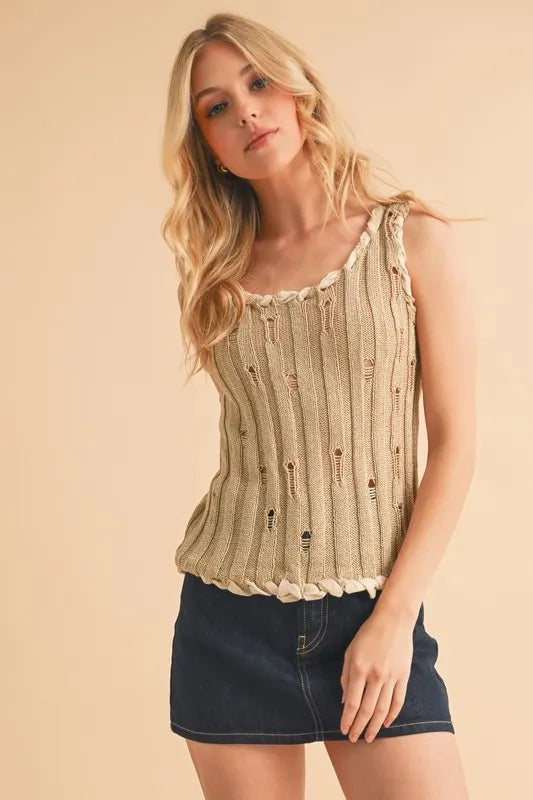 Hazel Blues® |  Aemi+Co Distressed Detail Round Neck Knit Tank