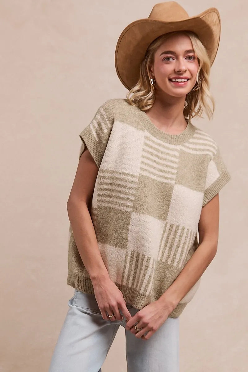 Hazel Blues® |  BiBi Checker With Stripes Pattern Sleeveless Sweater
