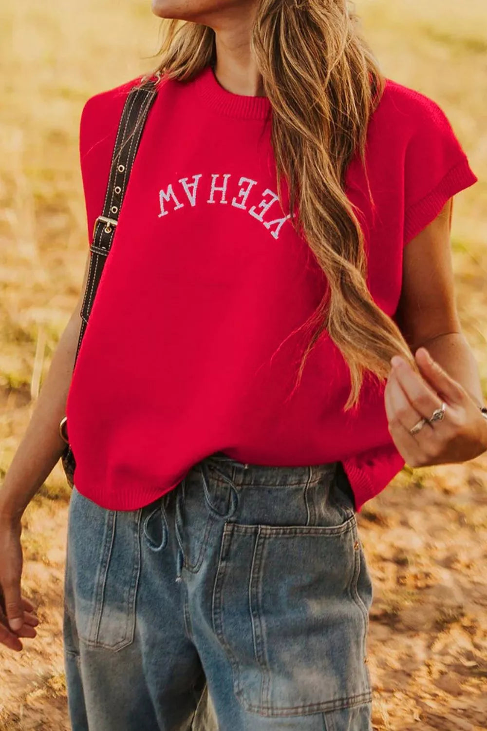Hazel Blues® |  Letter Embroidered Sleeveless Knit Sweater Vest