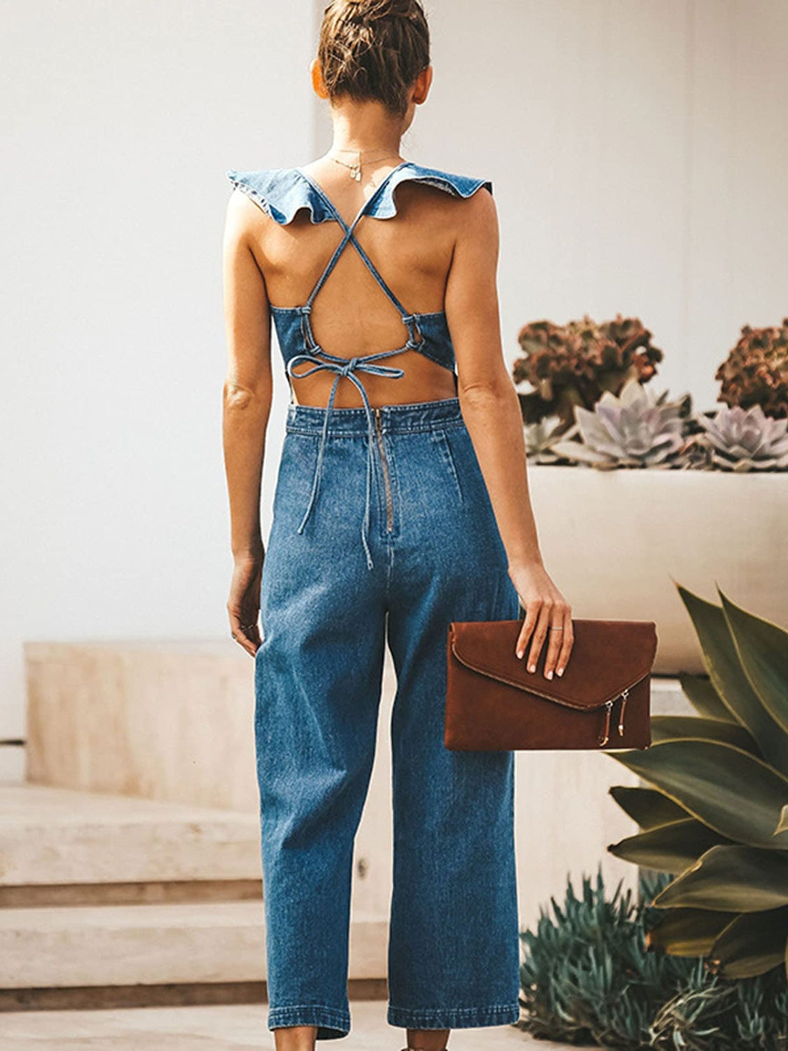 Hazel Blues® |  Ruffled Backless Sleeveless Denim Jumpsuit