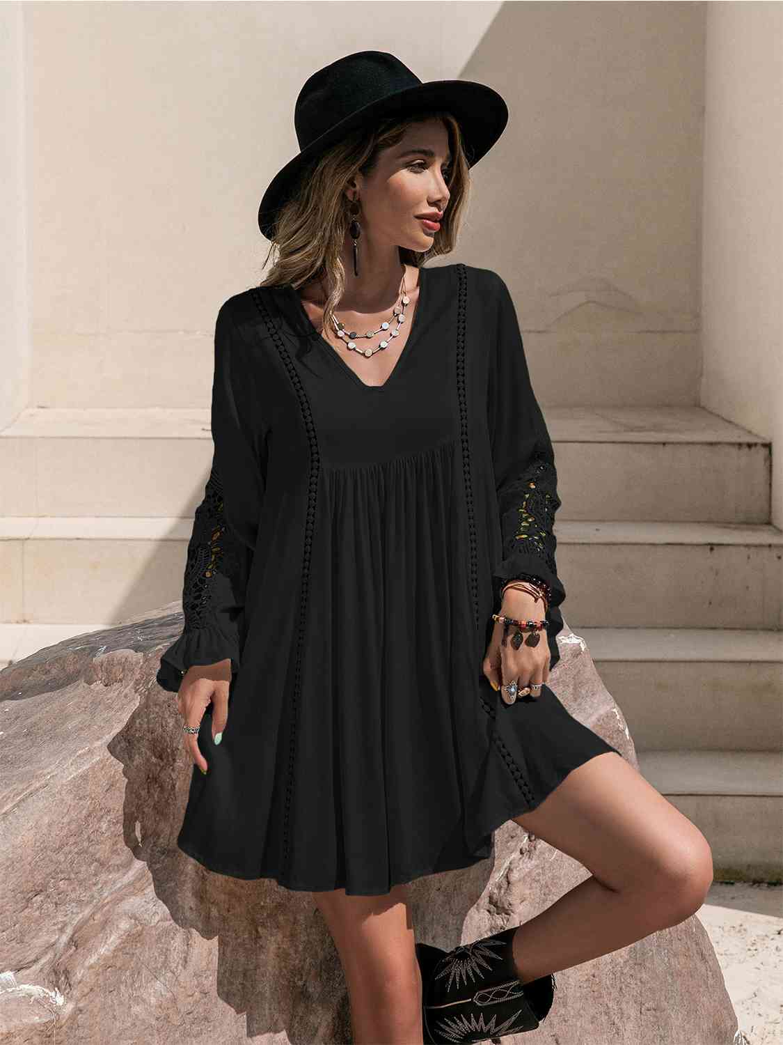 Hazel Blues® |  Lace Detail V-Neck Mini Dress