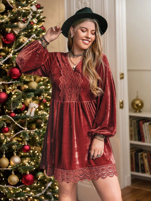 Hazel Blues® | Lace Detail V-Neck Long Sleeve Mini Dress