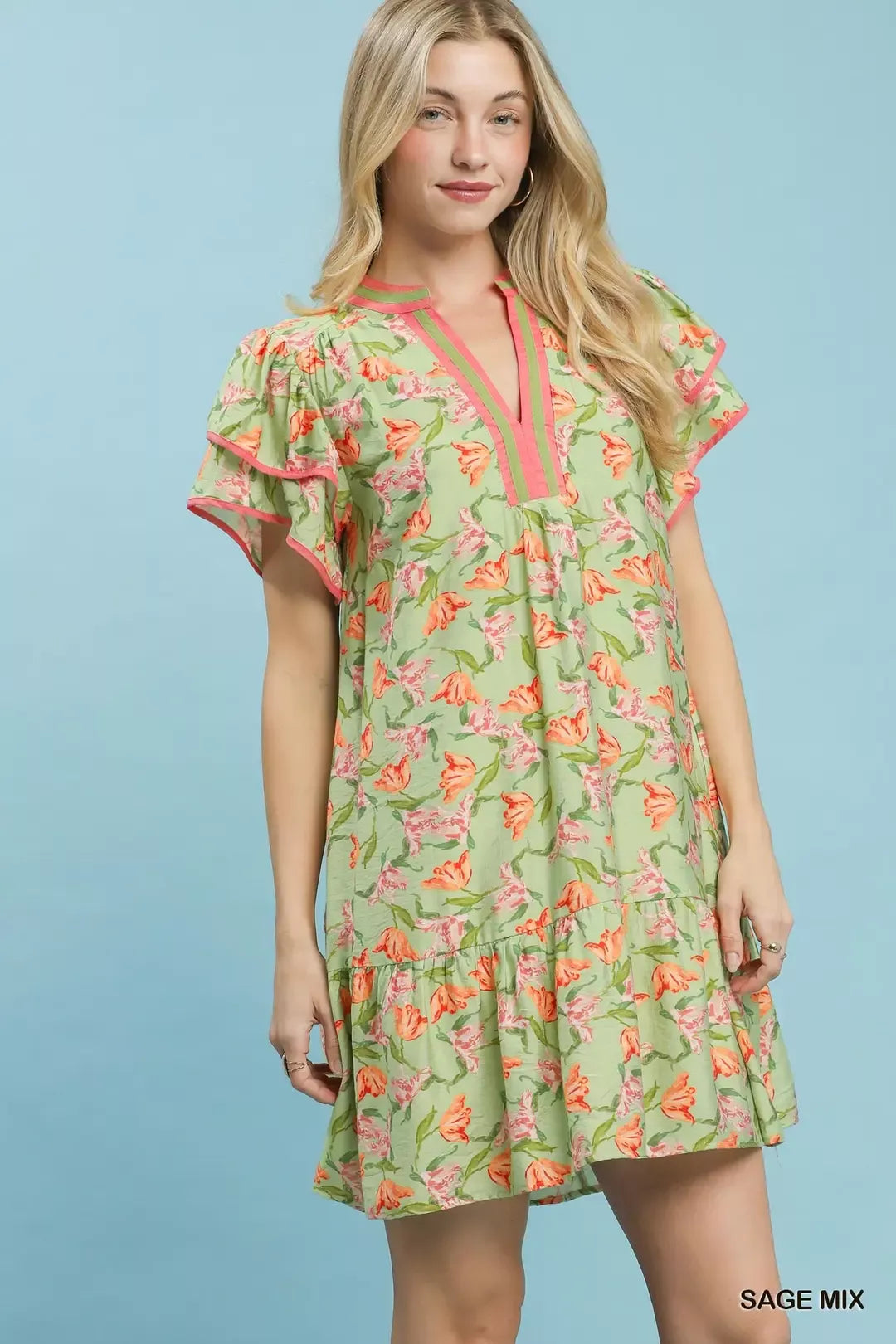 Hazel Blues® |  Umgee Floral Flutter Sleeve Tiered Dress