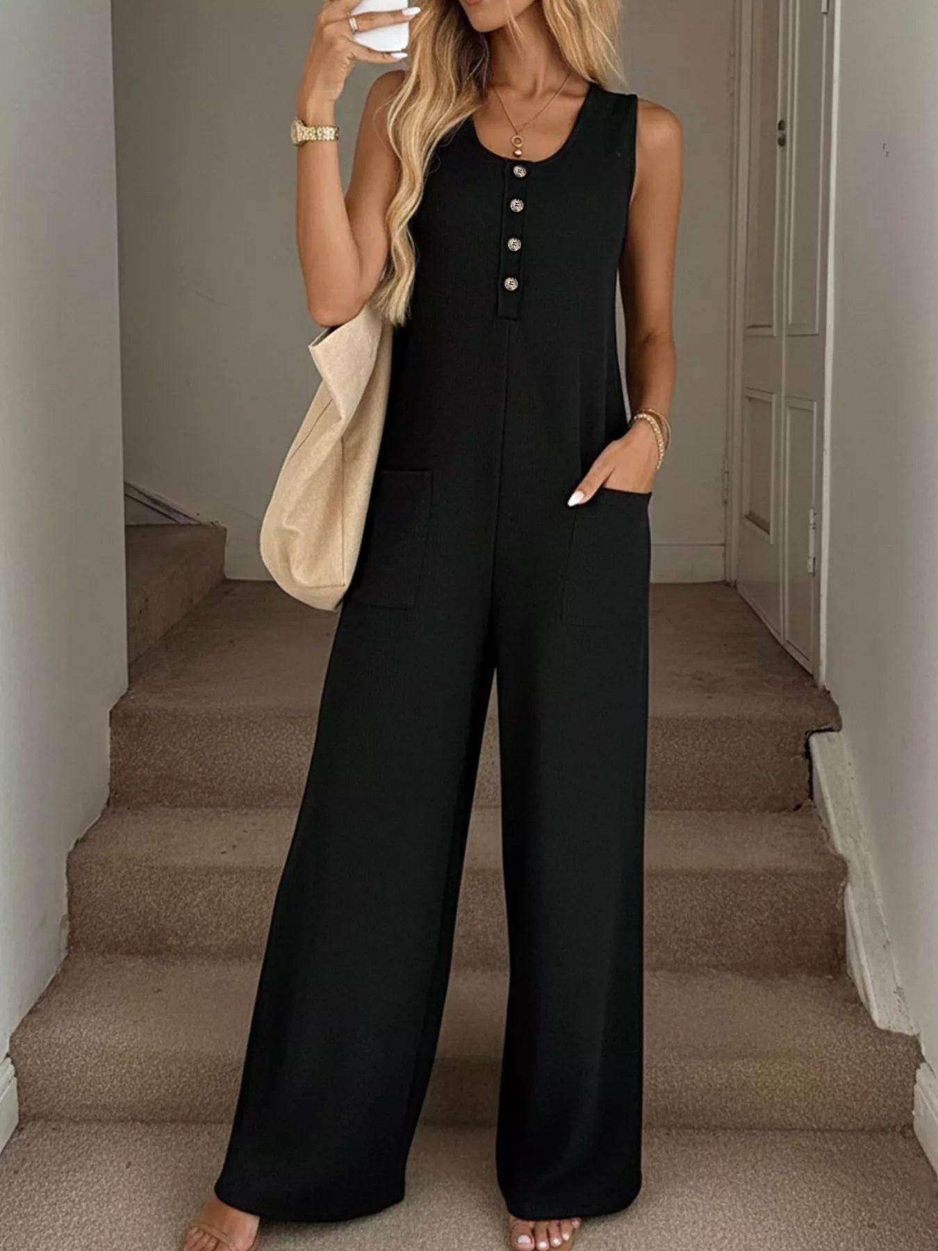 Hazel Blues® |  Sleeveless Button-Front Wide Leg Jumpsuit