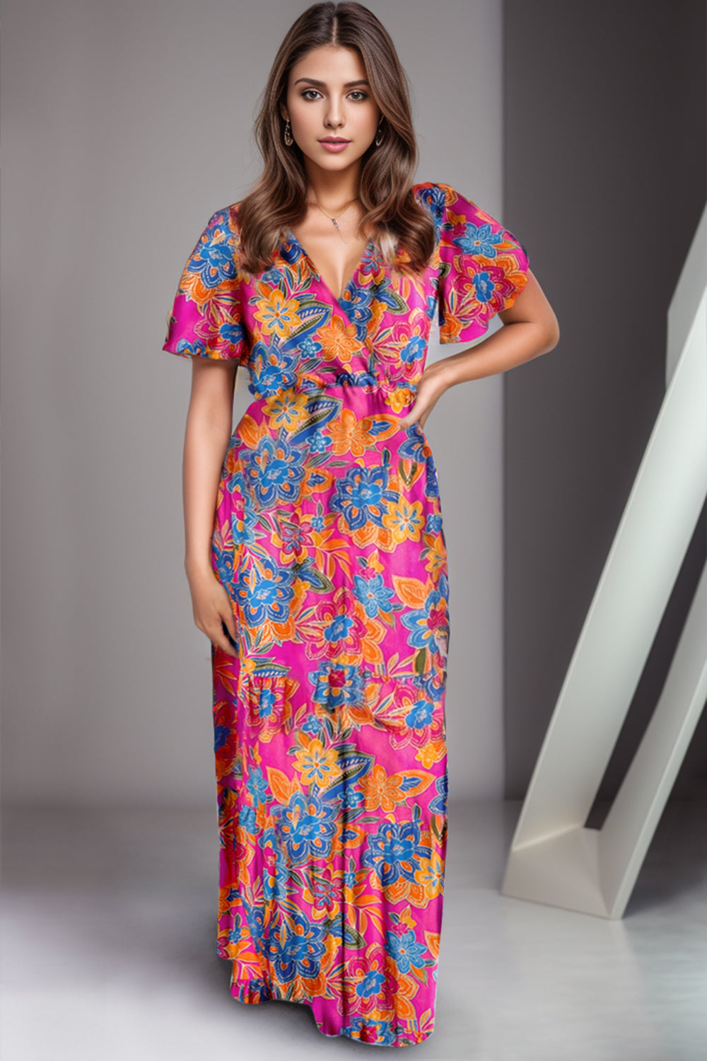 Hazel Blues® |  Printed Surplice Short Sleeve Maxi Dress