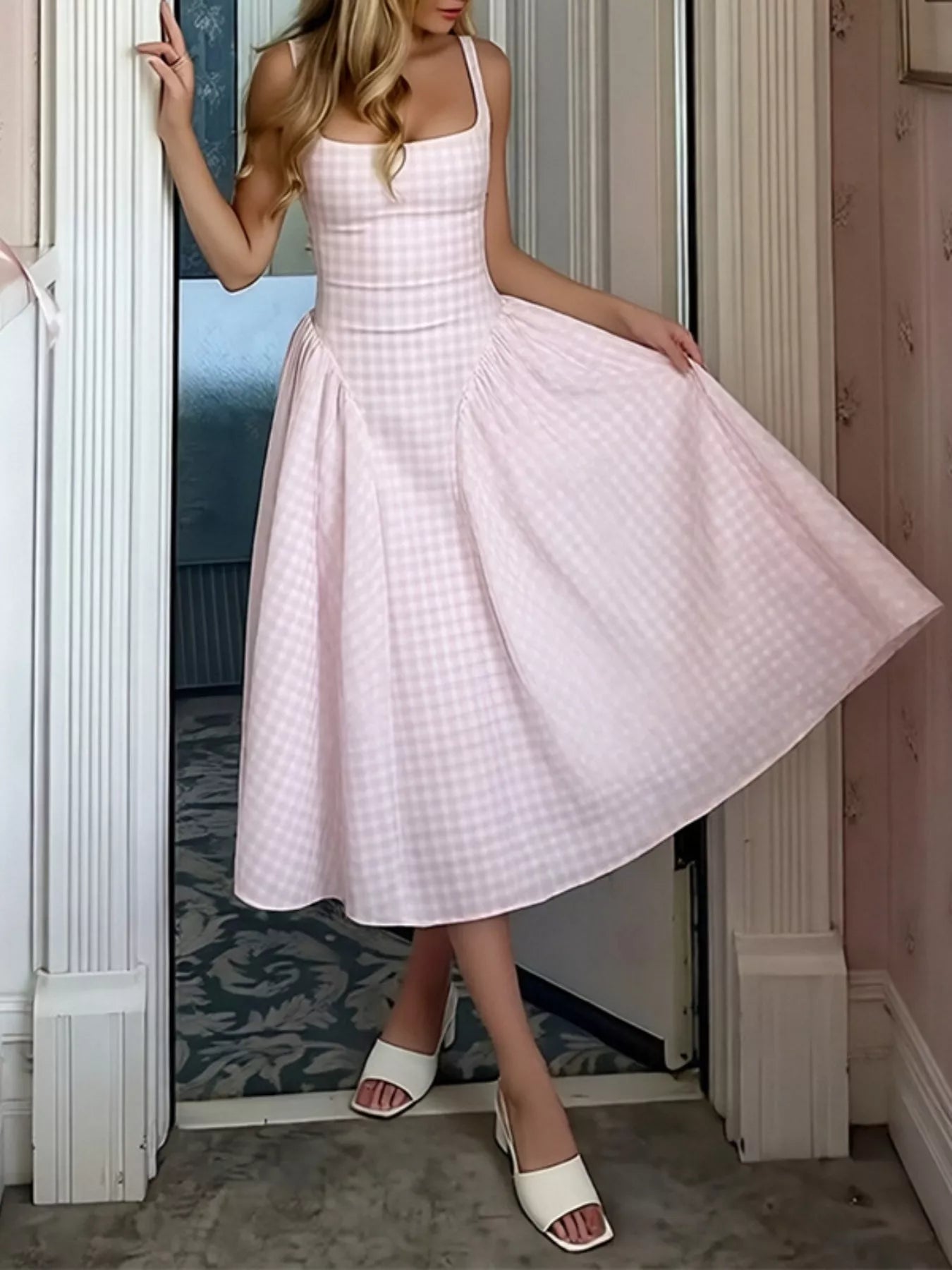 Hazel Blues® | Plaid Square Neckline Midi Dress