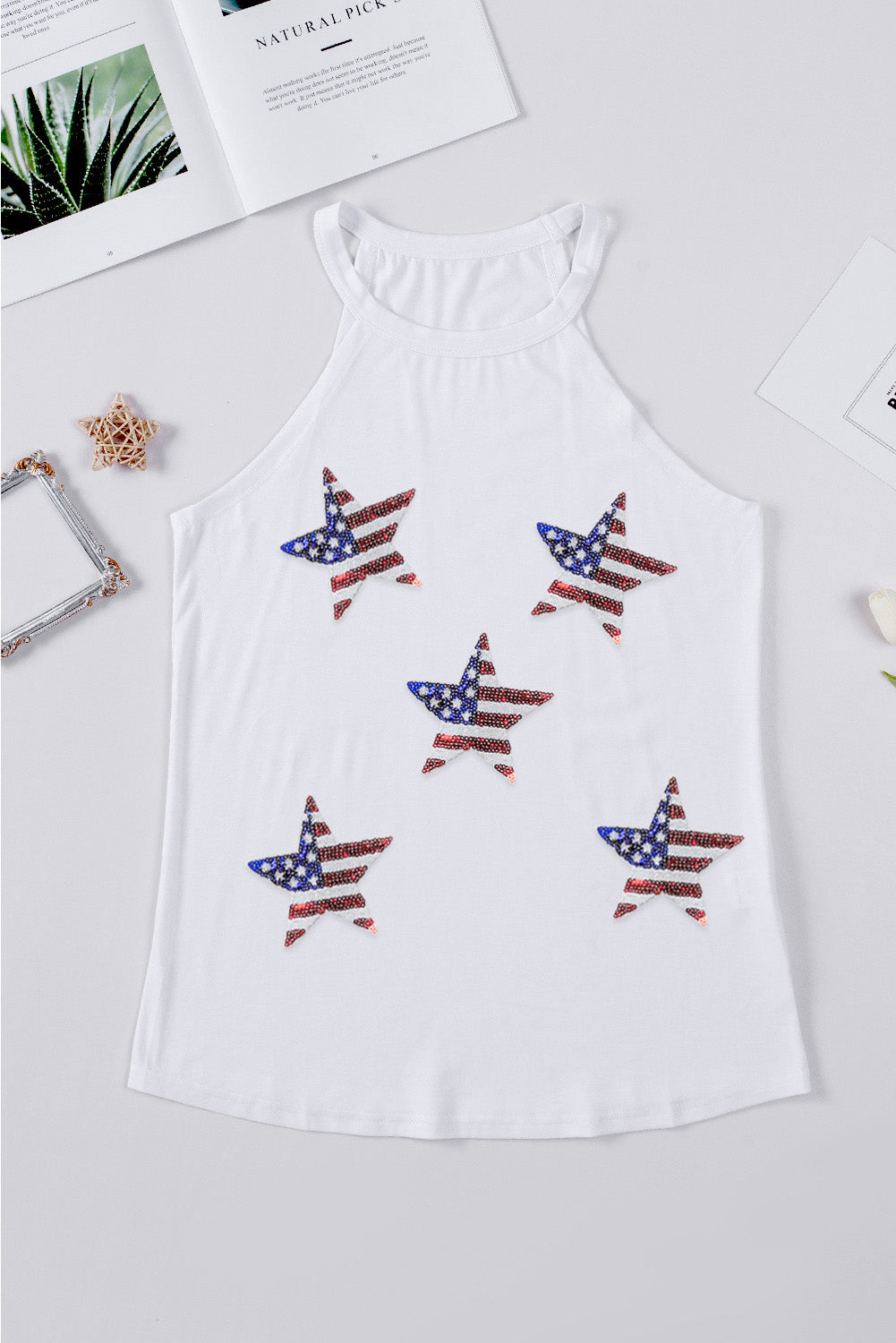 Hazel Blues® |  Sequin US Flag Star Grecian Neck Tank