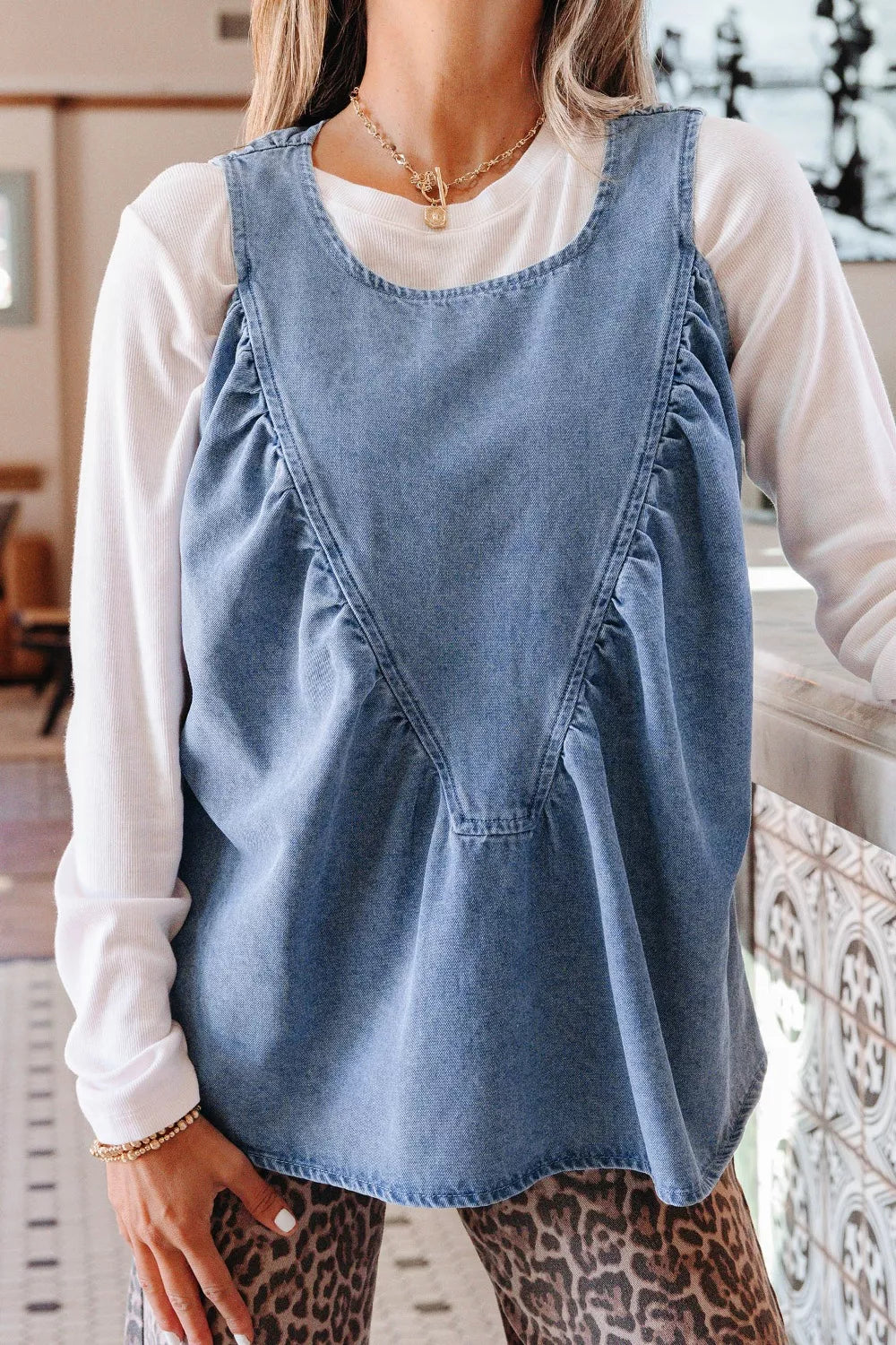 Hazel Blues® |  Denim Pleated Patchwork Sleeveless Top