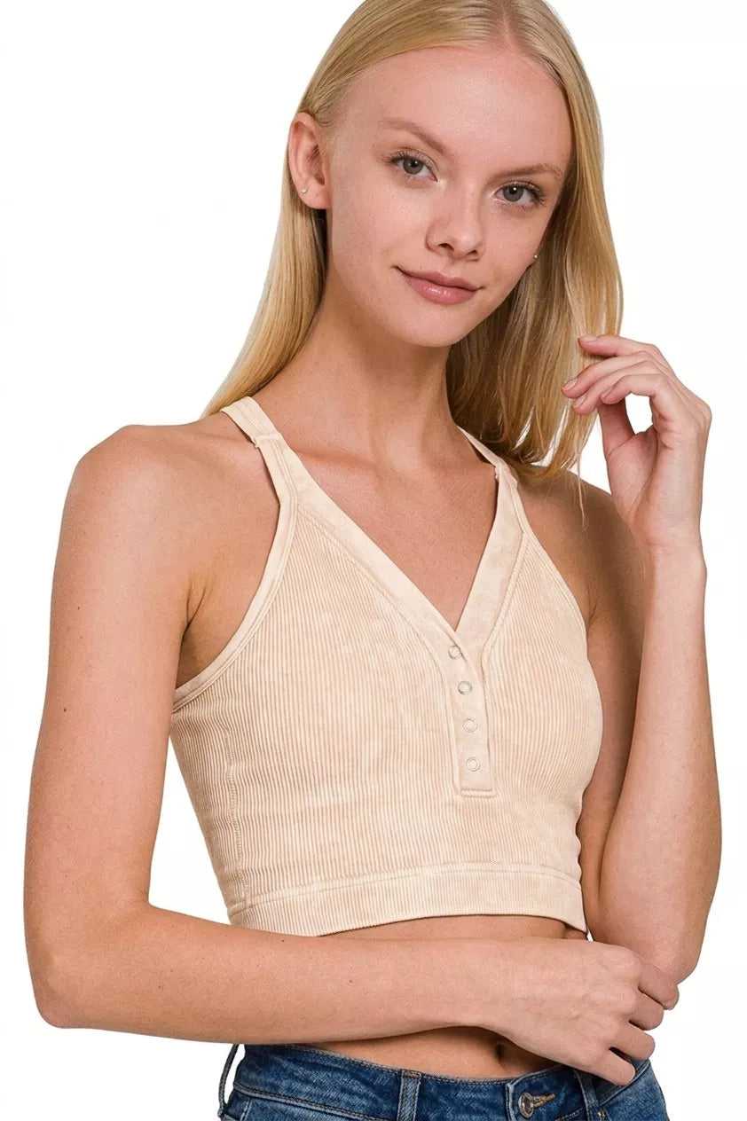 Hazel Blues® |  Zenana Washed Ribbed Seamless Button V-neck Tank Top