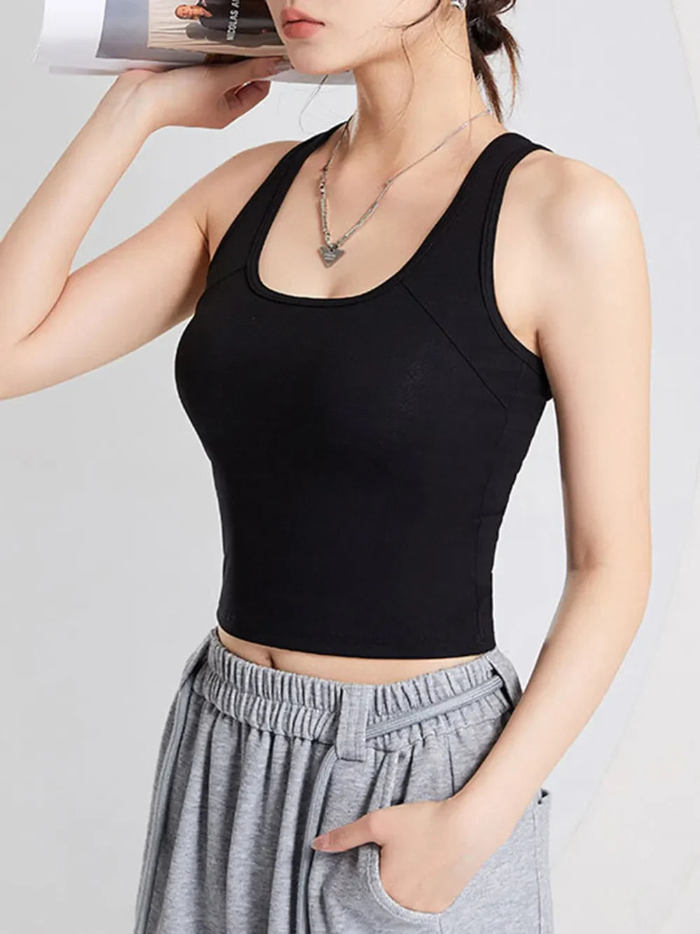 Hazel Blues® |  Crisscross Scoop Neck Wide Strap Cropped Tank with Chest Pads