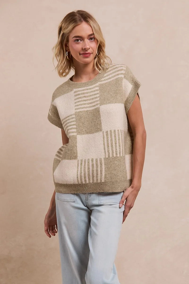 Hazel Blues® |  BiBi Checker With Stripes Pattern Sleeveless Sweater