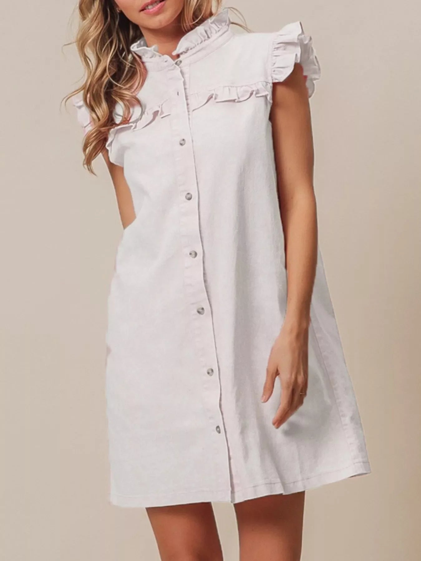 Hazel Blues® |  Ruffled Trim Button-Down Denim Dress