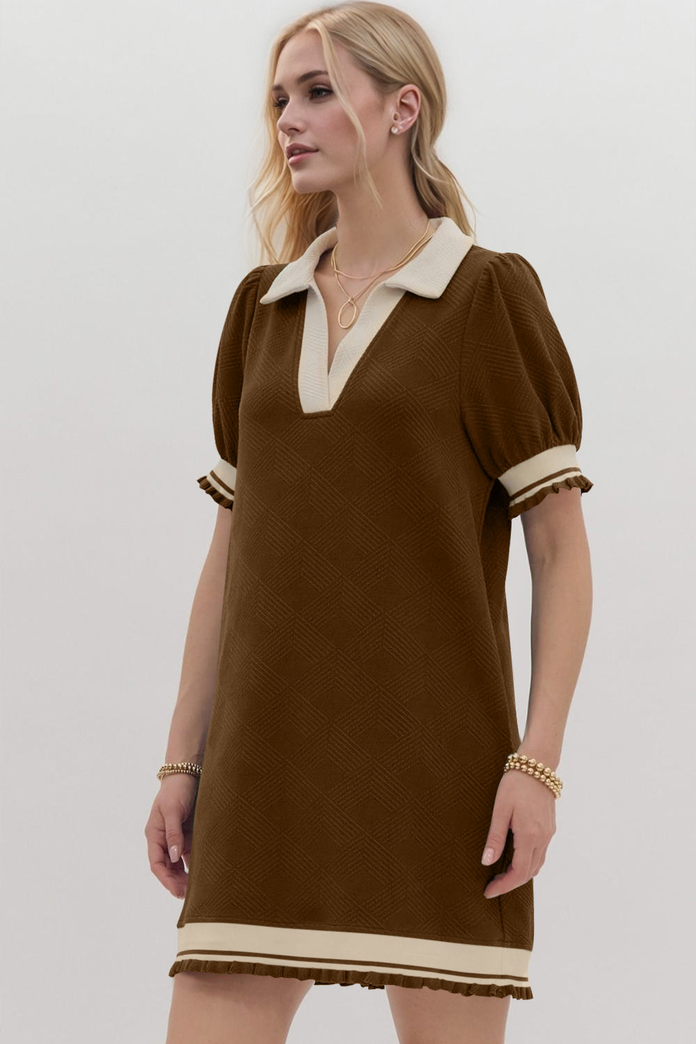 Hazel Blues® |  Oh Frill Contrast Trim Johnny Collar Short Sleeve Mini Dress