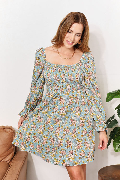 Hazel Blues® |  Double Take Floral Smocked Flounce Sleeve Square Neck Dress