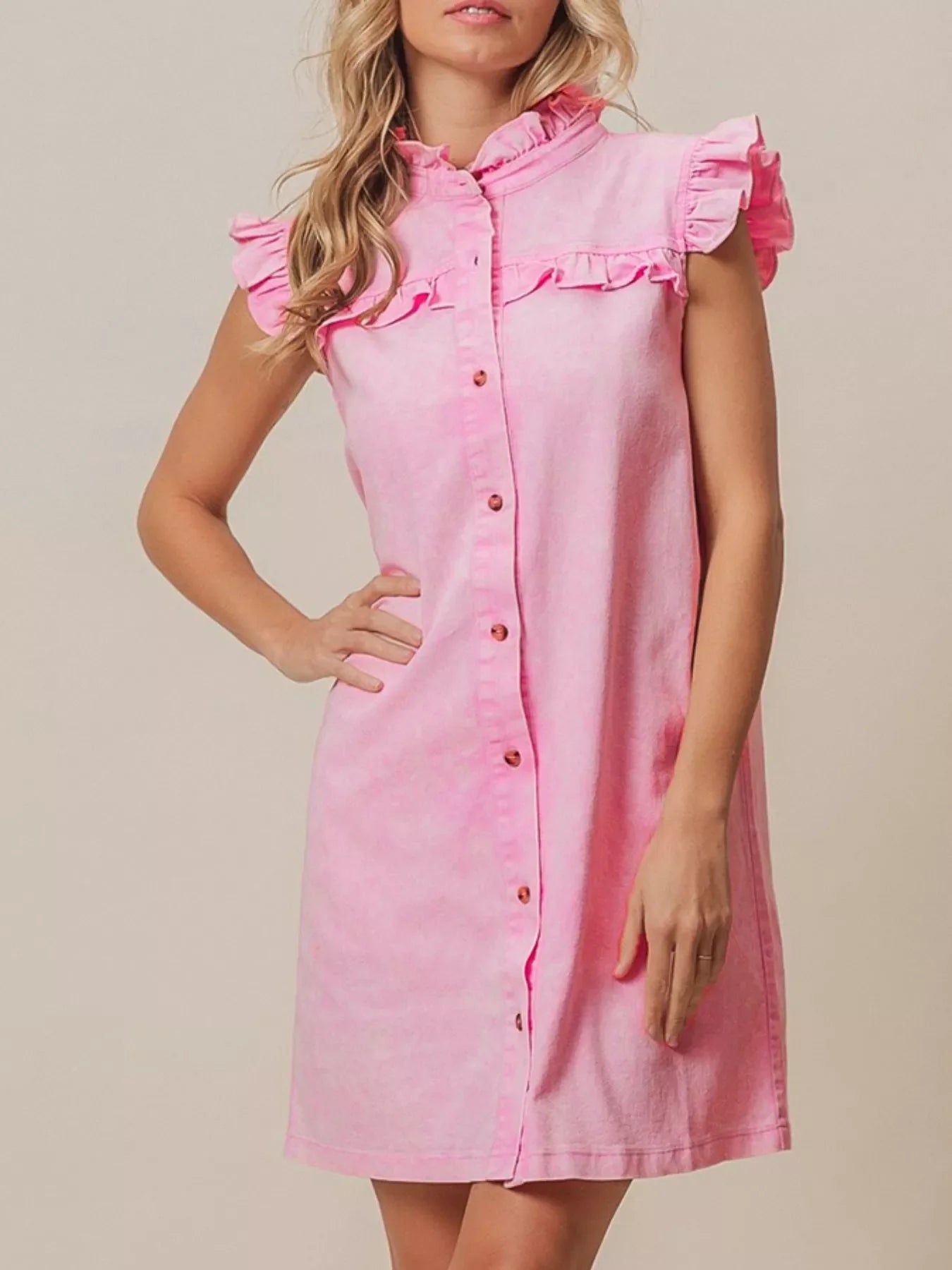 Hazel Blues® |  Ruffled Trim Button-Down Denim Dress