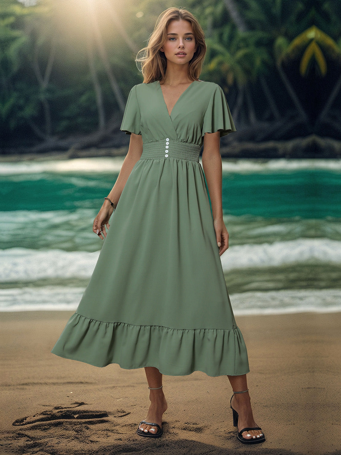 Hazel Blues® |  Surplice Flutter Sleeve Midi Dress