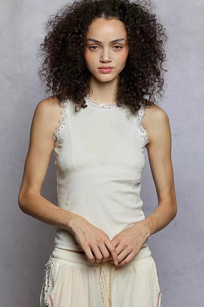 Hazel Blues® |  POL Round Neck Cropped Tank with Lace Trim