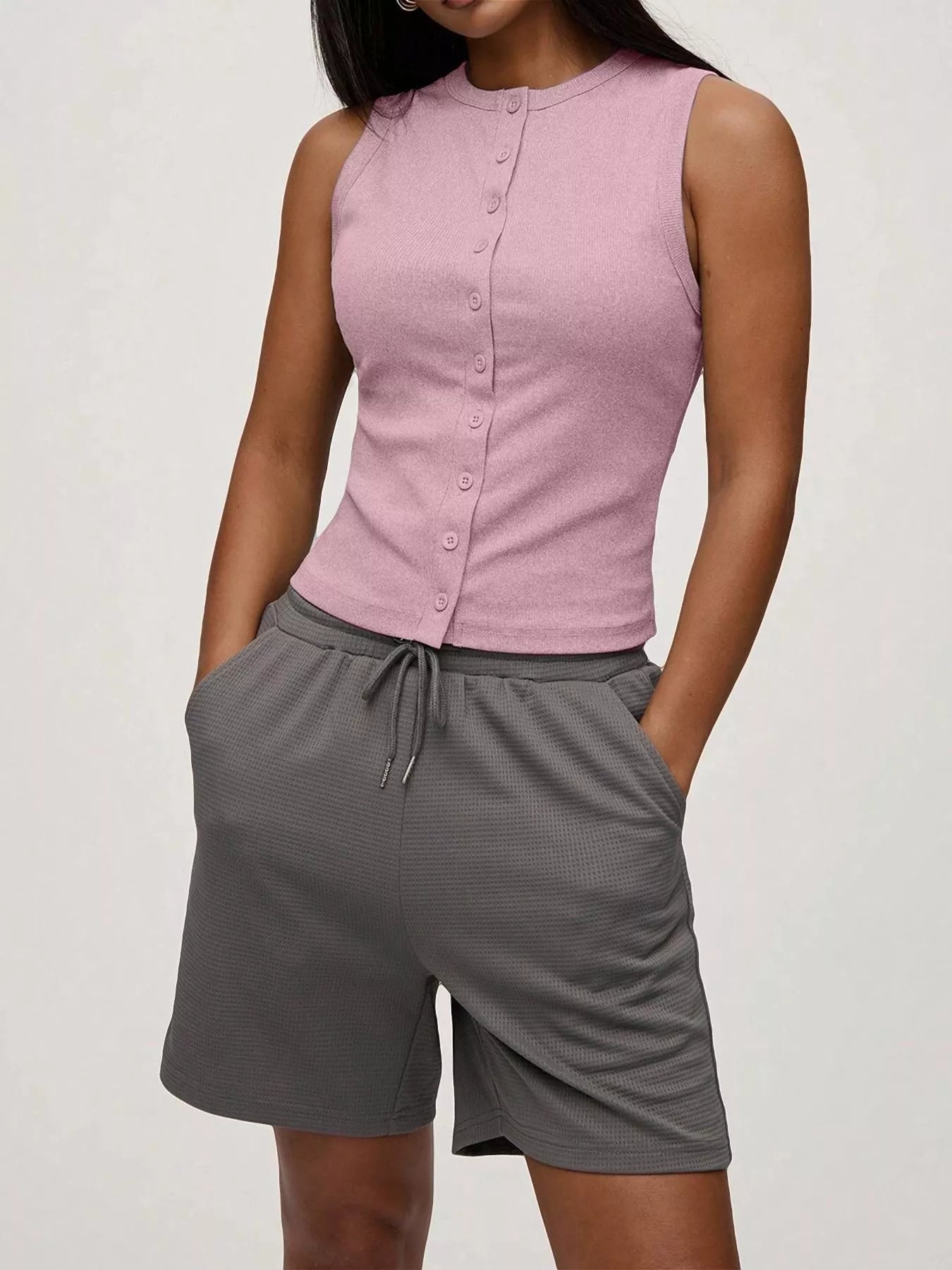 Hazel Blues® |  Ribbed Button-Front Sleeveless Tank