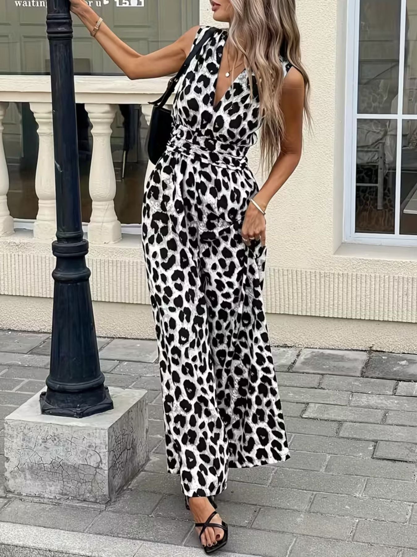 Hazel Blues® |  Sleeveless V-Neck Leopard Print Wide Leg Jumpsuit