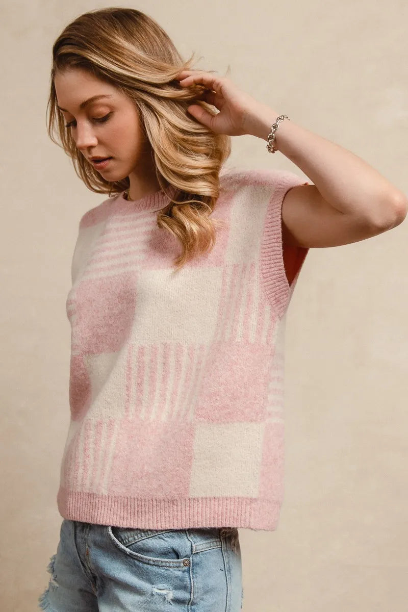 Hazel Blues® |  BiBi Checker With Stripes Pattern Sleeveless Sweater