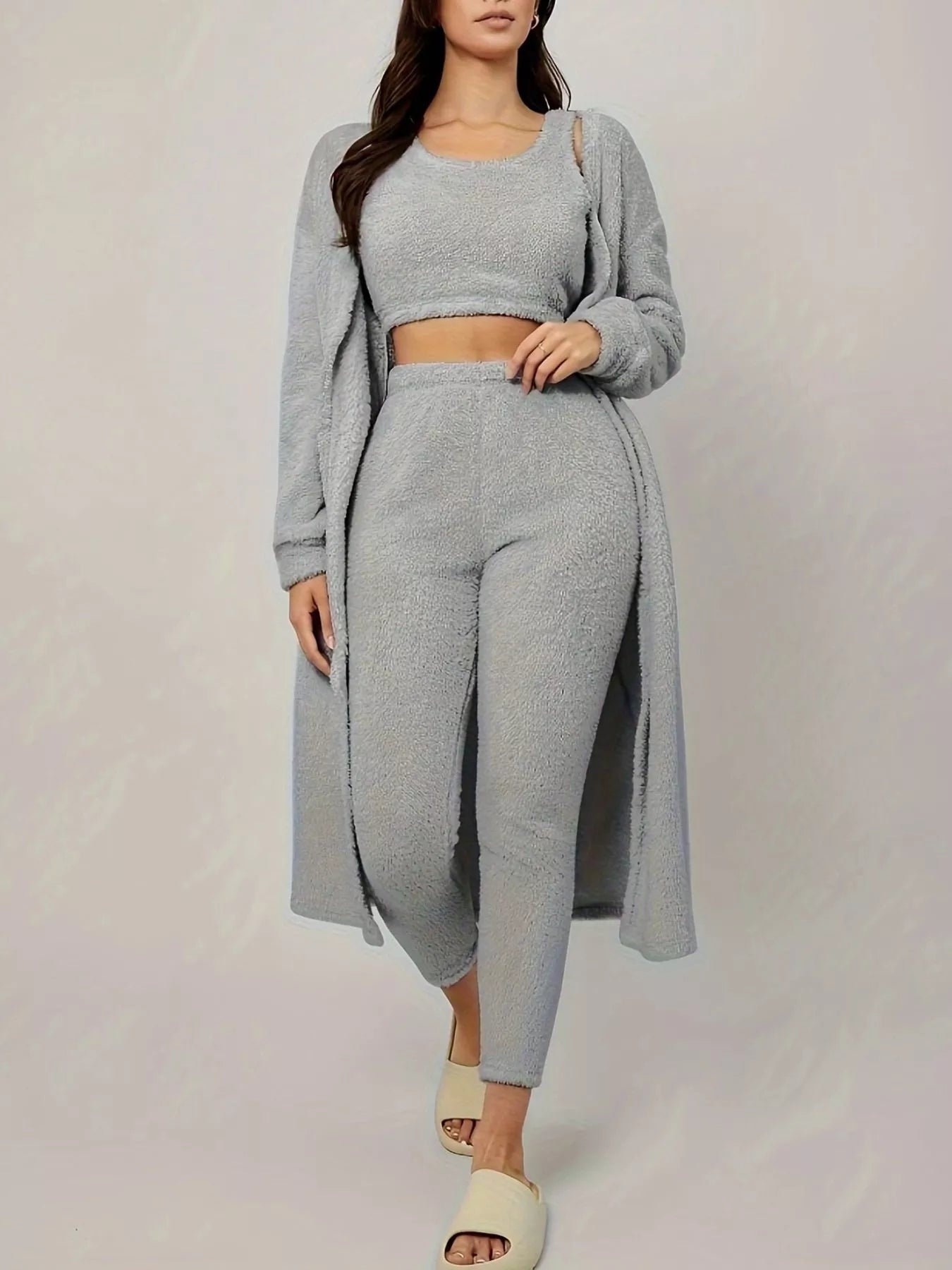 Hazel Blues® |  Fuzzy Tank Long Sleeve Cardigan and Pants 3-Piece Lounge Set