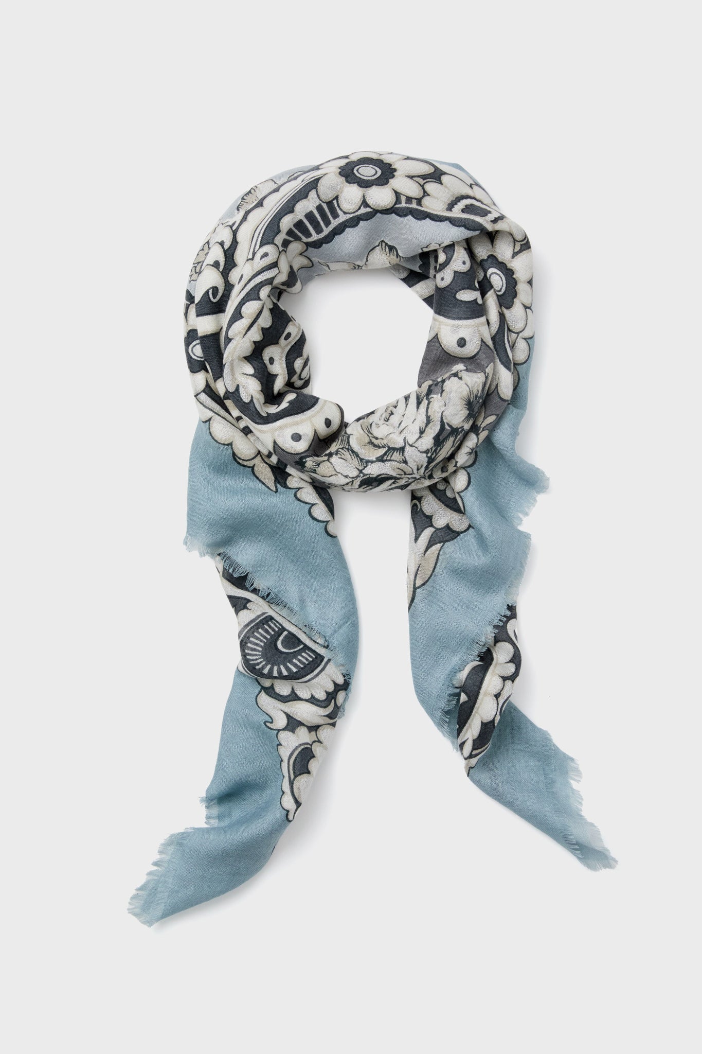 Blue Filigree Silk Cashmere Blend Large Scarf