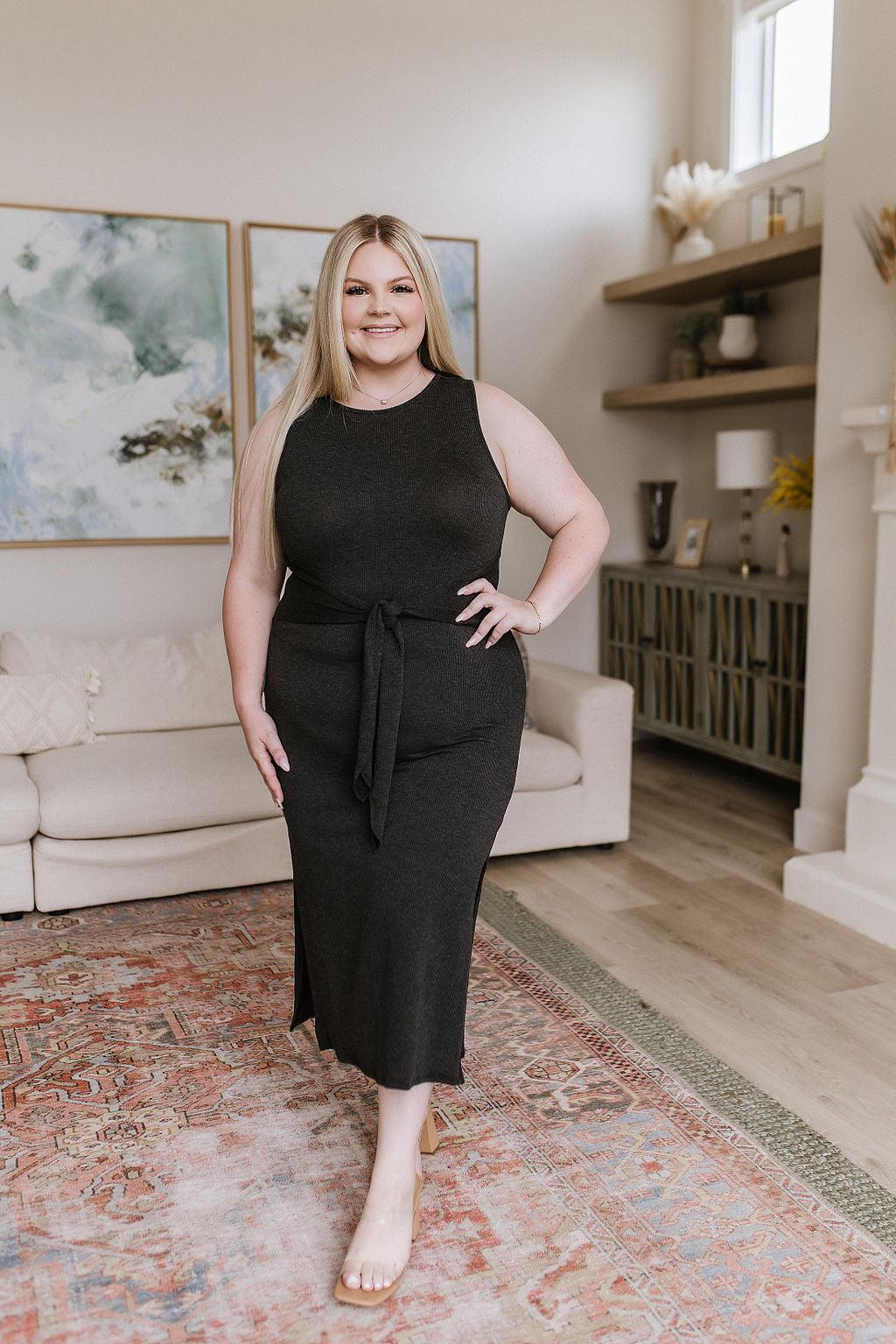 Hazel Blues® |  Out on the Town Tie Detail Midi Dress in Charcoal